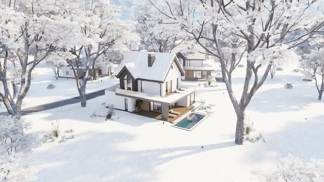 4K orbit shot of a modern suburban house in winter. The contemporary white home features a dark pitched roof, wooden deck, swimming pool, and snowy landscape under a sunny blue sky.