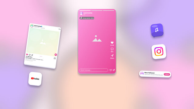 Social media app interface and mobile application mockup. Floating 3D user profiles and digital media icons. Pastel gradient background. Digital marketing and online communication concept