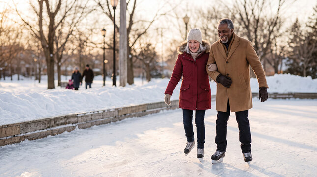 Happy senior interracial couple, Caucasian woman and Black man, ice skating arm in arm on outdoor rink in winter park at sunset