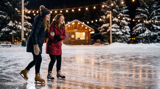 Two young adult Caucasian women laughing while ice skating at night on outdoor rink with string lights and snowy pine trees with copy space on right