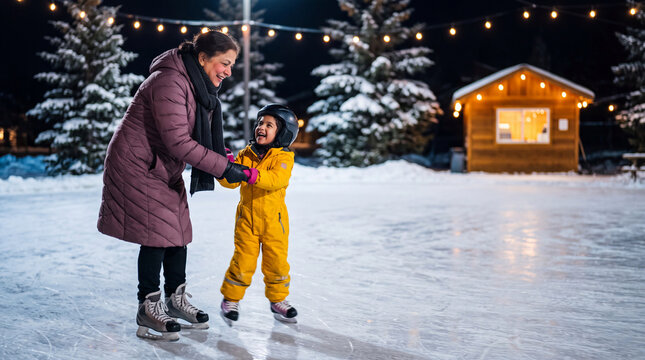 Middle-aged South Asian woman teaching happy child in yellow snowsuit to ice skate at night on outdoor rink with string lights with copy space on right