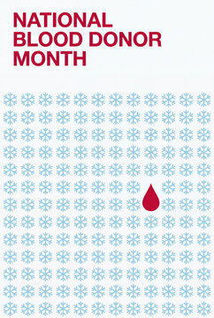 National Blood Donor Month poster with red blood drop among snowflakes flat vector-style illustration