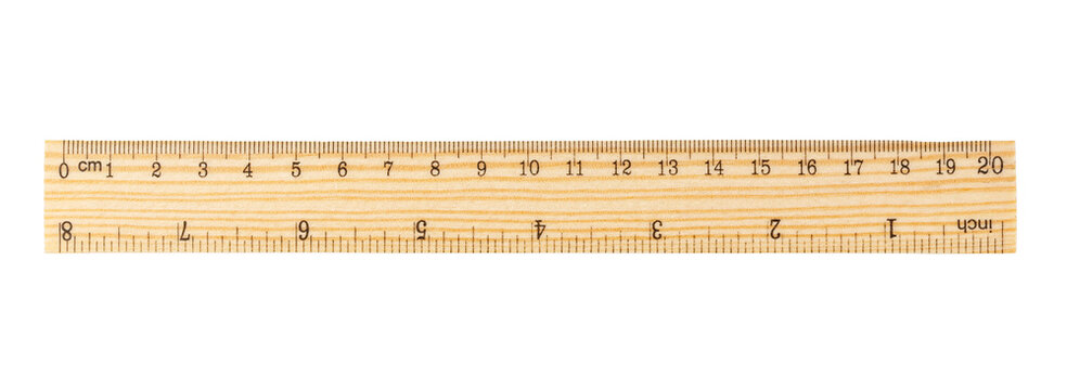 Wooden ruler with centimeter and inch scales on transparent background
