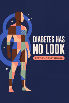 Diabetes has no look stigma awareness poster with diverse patchwork human figure flat vector-style illustration on navy background with copy space