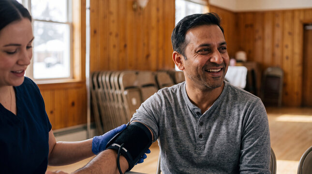 Smiling middle-aged South Asian man having blood pressure checked by nurse before donating blood at community health center
