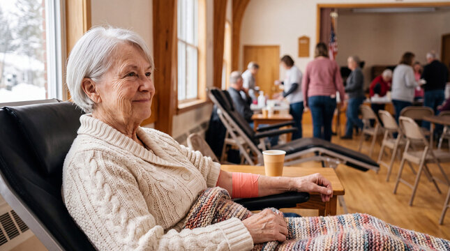 Senior Caucasian woman resting with bandage on arm after donating blood at community blood drive in winter
