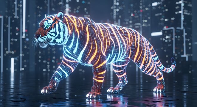 Digital neon tiger walking forward with glowing stripes and cyber light reflections.