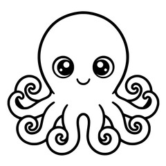Cute cartoon octopus with swirling tentacles smiling cheerful black line art © Hussain009
