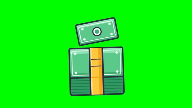 Cartoon stack of money animation on green screen background