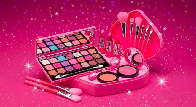 A refreshed and expressive rephrasing of barbie core-inspired makeup kit glowing on neon pink background with sparkles, giving it a more contemporary descriptive tone.