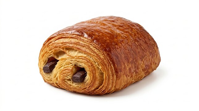 Golden brown french pain au chocolat pastry with visible dark chocolate batons on a white background