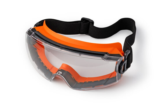 Clear protective safety goggles with orange frame and adjustable black strap