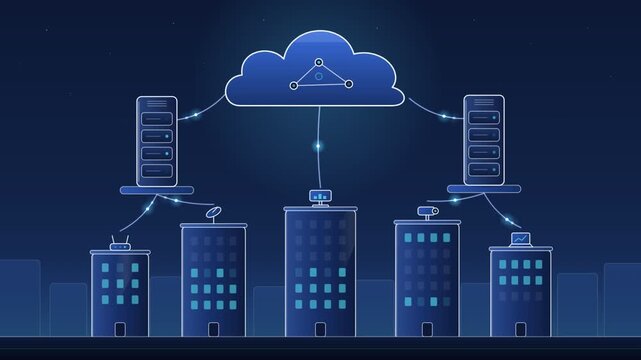 Smart City IoT Network and Cloud Computing Infrastructure Animation with Connected Digital Buildings at Night