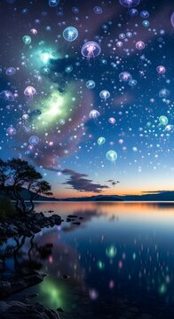 Surreal sky filled with glowing jellyfish over lake, wallpaper