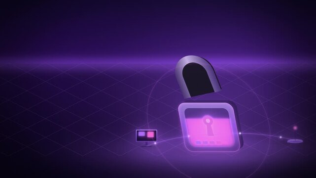 Violet padlock with opening shackle perspective view endless loop