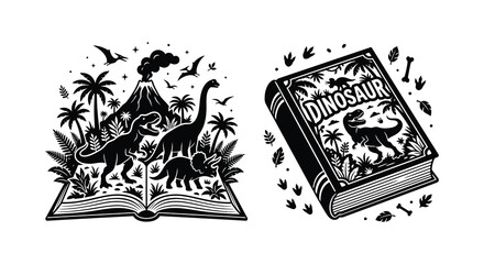 Dinosaur silhouettes reading books and surrounded by stacks vector illustration © MdNirob