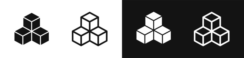 Plakat Pyramid of three stacked cubes vector icon set in silhouette and outline