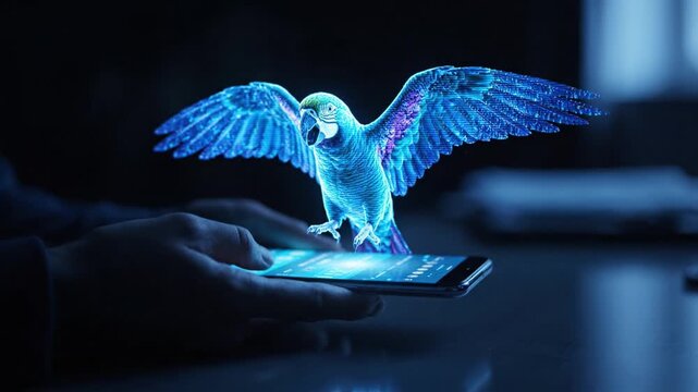 A User Engages with a Smartphone Displaying a Vibrant Holographic Parrot, Highlighting the Fusion of Technology and Augmented Reality in Everyday Life