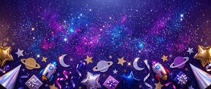 Cosmic galaxy starry background with rocket and planet balloons, stars, and party gifts