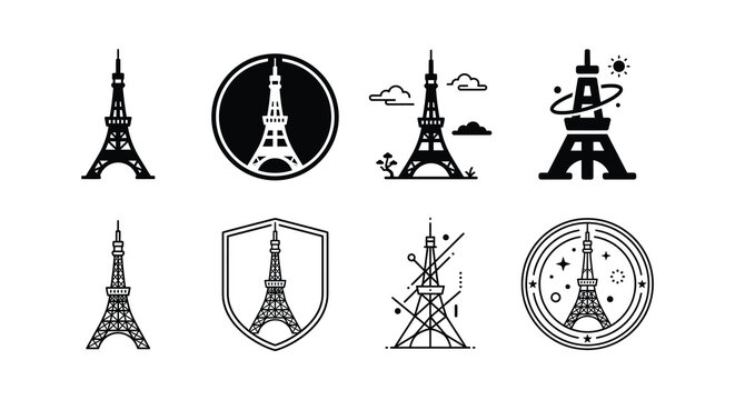Eiffel tower vector illustrations with varied framing and decorative elements