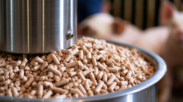 Close-up of an automatic livestock feeder filled with pellets, with pigs in the background