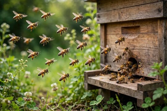 A swarm of bees flying around a wooden beehive in a lush green garden.