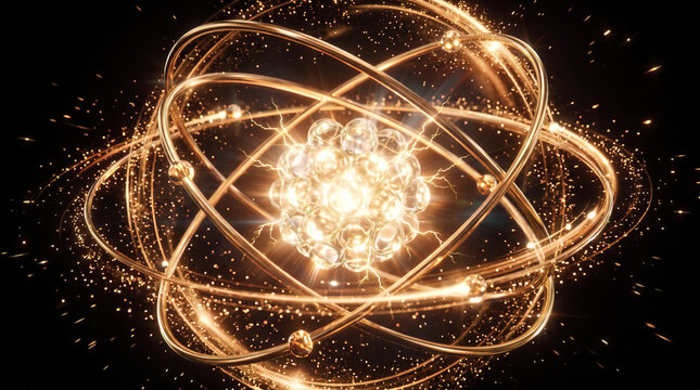 3D golden atomic structure with glowing nucleus energy electrons and sparks on dark background
3D golden atomic structure with glowing nucleus energy electrons and sparks on dark background.