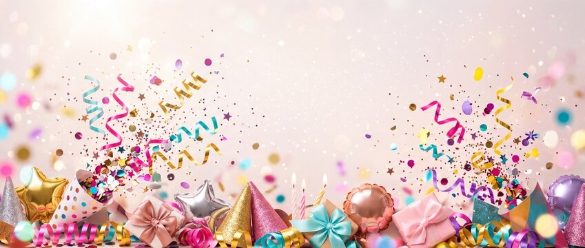 Joyful birthday party background with colorful confetti exploding, streamers, gift boxes, party hats, and candles over a bright pastel backdrop with copy space