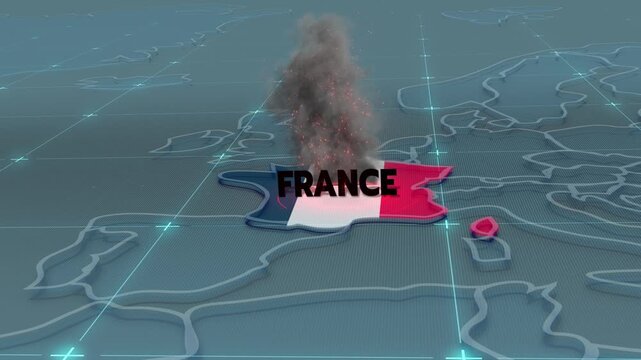 A 3D political map of Europe highlighting France in its national flag colors, france flag, france map, 