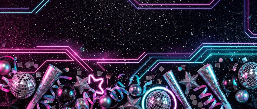 Futuristic neon disco party background featuring glowing lights, disco balls, confetti, stars, and party horns on a dark starry space backdrop