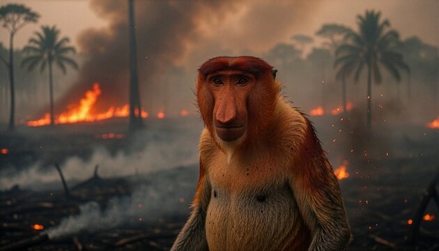 A male proboscis monkey stands in the foreground looking at the camera, with a massive forest fire, thick smoke clouds, and burning palm trees destroying the jungle behind him.