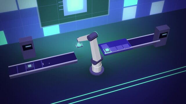 Indigo robot arm placing AI chips onto a circuit endless loop