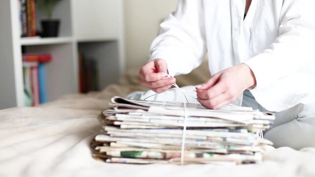 Woman tying stack of old newspapers with string for recycling