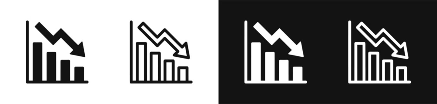 Bar chart with downward trend arrow and financial loss icon vector set