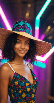 young adult woman with short curly dark hair in wide brim straw hat with pink and teal patterned band and dark floral print dress smiling broadly before neon purple green and pink lights