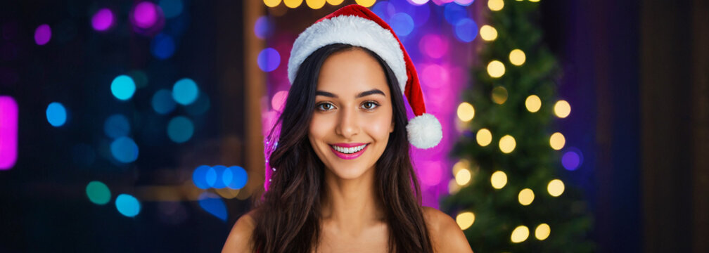 young adult woman with long dark wavy hair in red santa hat smiling broadly before neon lights and lit christmas tree with yellow ornaments
