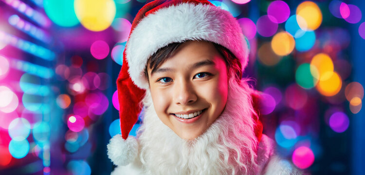 young asian person with short dark hair in red santa hat and full white santa beard costume smiling broadly before colorful neon pink blue purple green and yellow bokeh lights