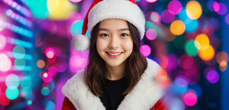 young asian woman with shoulder length dark brown hair in red santa hat and red santa jacket with white fur collar smiling broadly before colorful neon pink blue purple green and orange bokeh lights