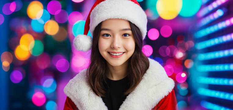 young asian woman with shoulder length dark brown hair in red santa hat and red santa jacket with white fur collar smiling broadly before colorful neon pink blue purple green and orange bokeh lights