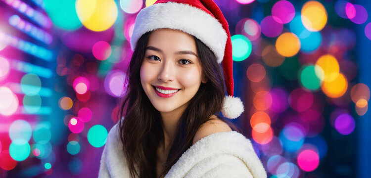 young asian woman with long dark hair in red santa hat and white fluffy off-shoulder coat smiling before colorful neon pink blue purple green and orange lights