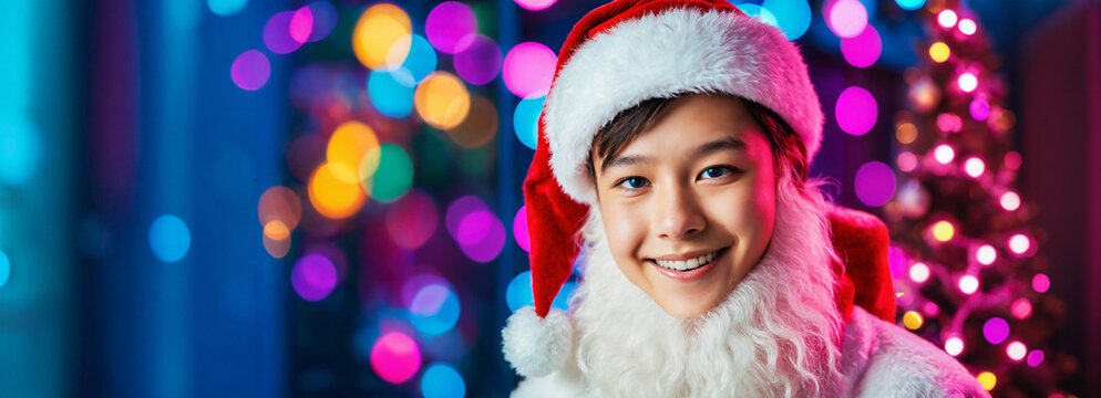 young asian person with short dark hair in red santa hat and full white santa beard costume smiling broadly before colorful neon bokeh lights and christmas tree