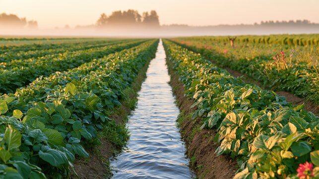 Water-filled irrigation furrow runs between leafy crop rows in a misty sunrise field
