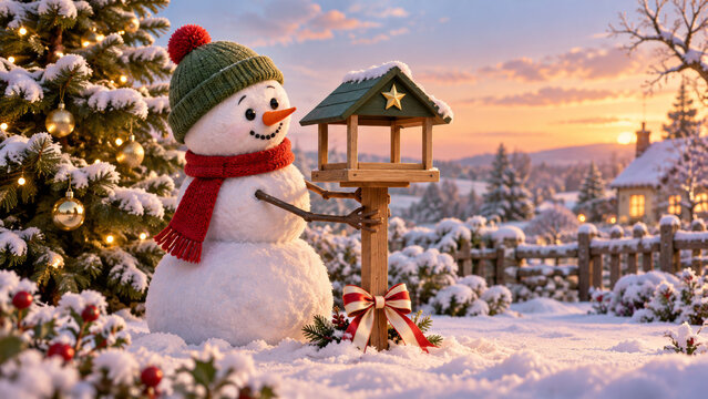 Merry Christmas 3D illustration of a smiling snowman in a green cap and red scarf setting a wooden bird feeder with a gold star beside a decorated tree, in a snowy garden glowing with a gentle sunset