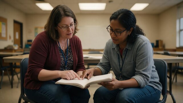 Two women reviewing an open book together at a classroom table for education editorial use.