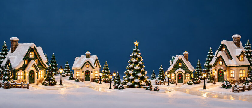 Merry Christmas greeting background with a ceramic village in Panoramic view with copy space, green roof cottages and christmas tree a snowy lane, with window light, blue field