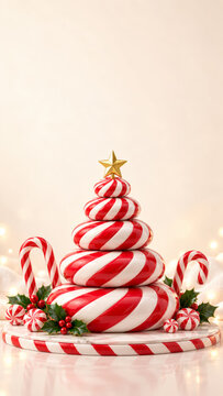 Christmas peppermint disk tree with gold star, candy canes and holly on cream background, glossy red and white stacked confectionery sculpture with upper copy space for festive greeting design