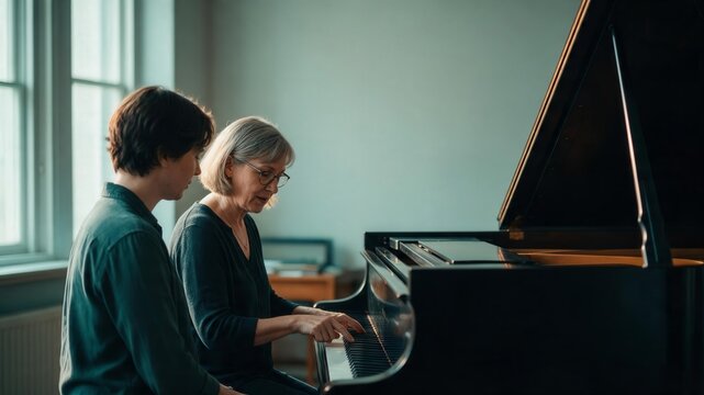 People studying music together at a black grand piano in warm indoor light for hobby editorial use.