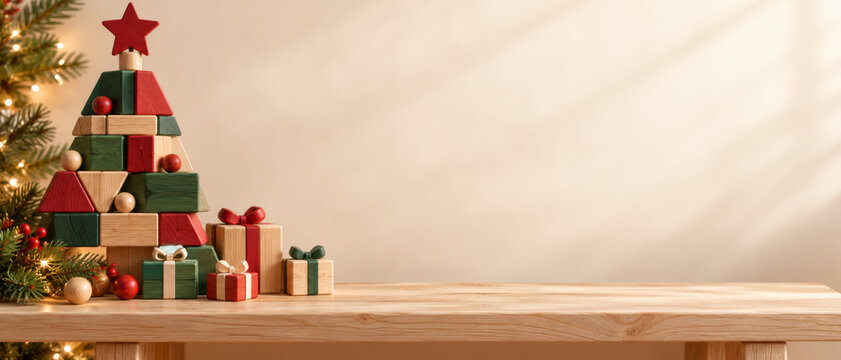Christmas background with a wooden block tree, red star and small gift boxes on a long bench, framed by evergreen branches and warm light beside a cream wall with room for a seasonal message.