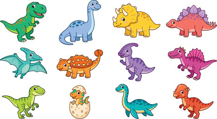 Cute cartoon dinosaur vector set with colorful baby tyrannosaurus triceratops brachiosaurus pterodactyl and egg characters isolated on white © MstNasrin