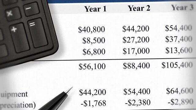 Balance sheet closeup with three years company record of earnings and expenses statements. Assets, liabilities, receivable, asset depreciation, credit, debit and tax calculator. 4k footage